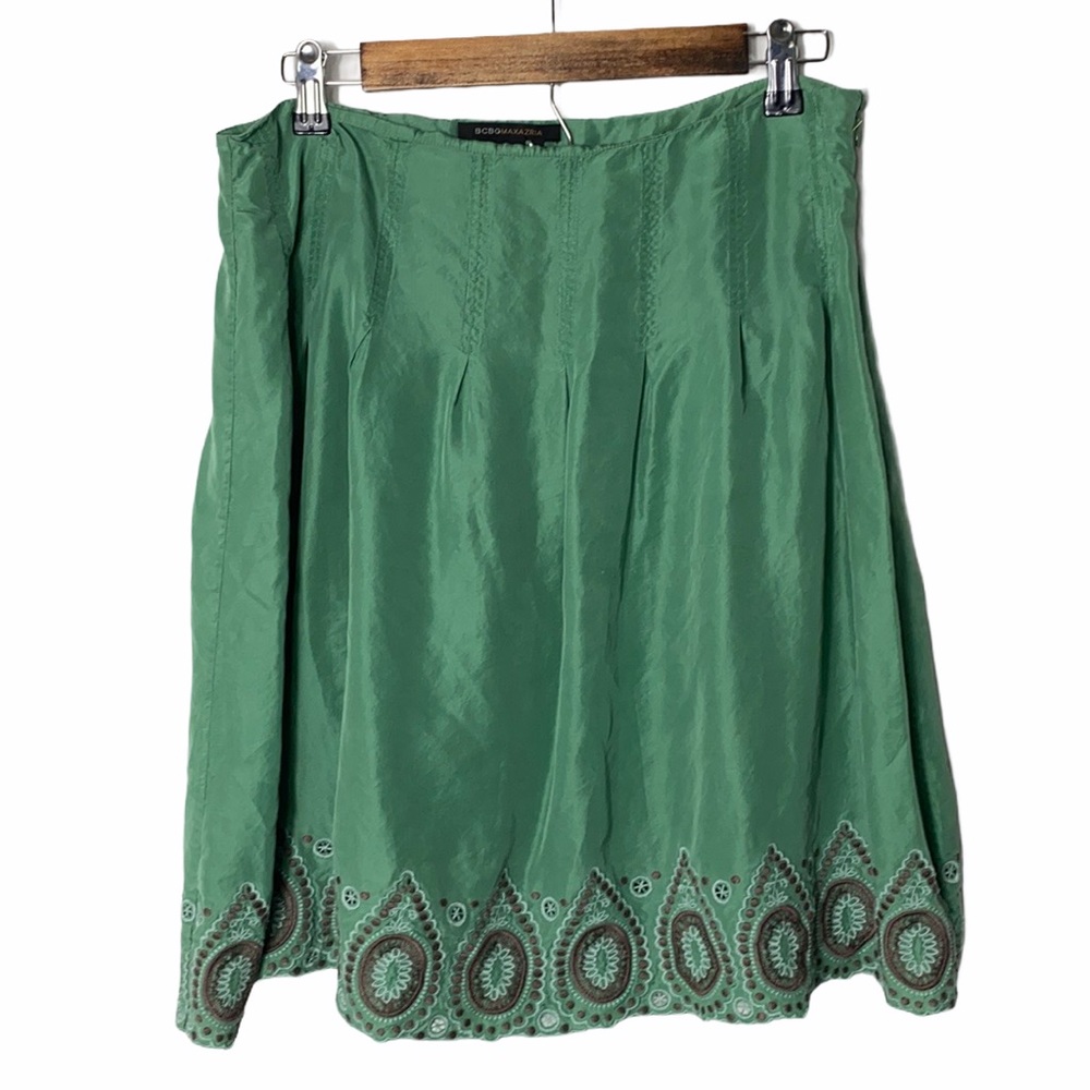 BCBGMAXAZRIA Green Silk Embroidered Mini Skirt